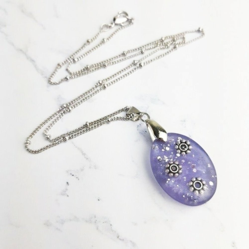 Lavender Purple Pendant Necklace Handmade Flower Charms Resin Pendant Necklace